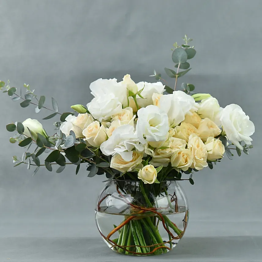 Spray Roses with White Lisianthus in Fish Bowl: Sympathy & Funeral Flowers to Ras Al Khaimah