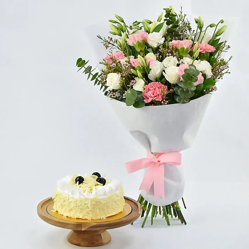 Sugar Free White Forest Cake and Flowers: Farewell Cakes