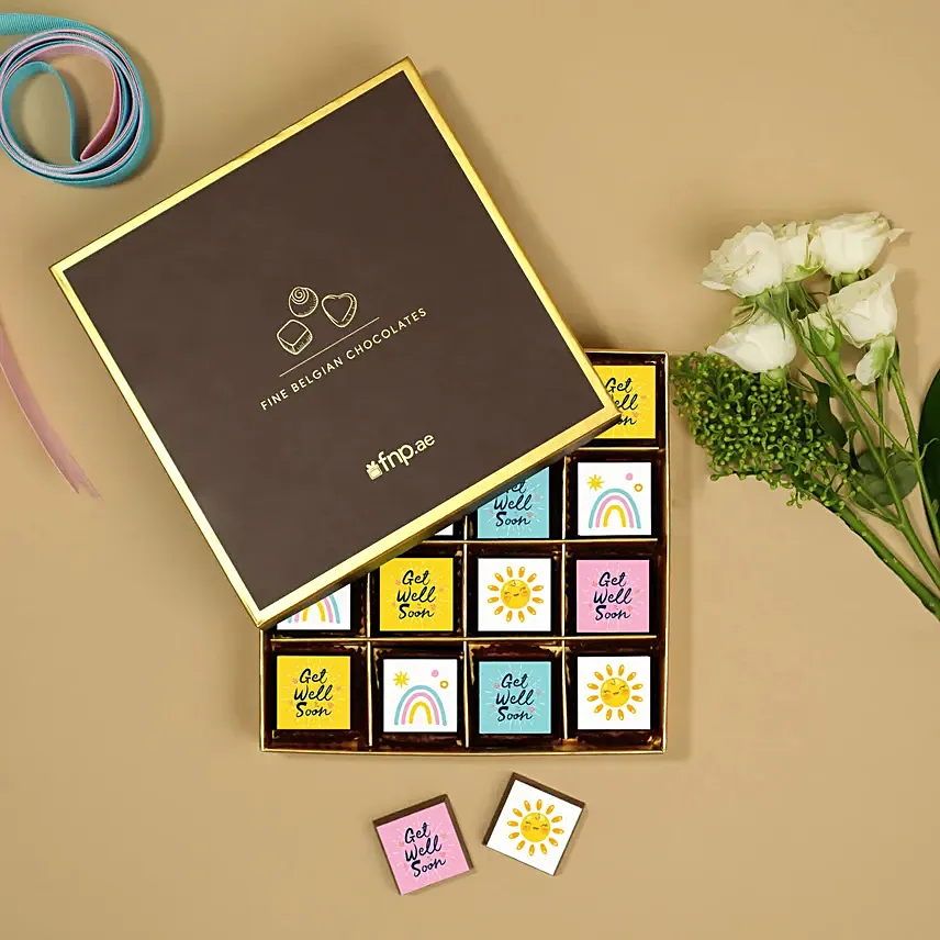 شوكولا بلجيكيه فاخرة - بوكس 16 قطعه مطبوعة لتمنيات الشفاء: هدايا شوكولاتة