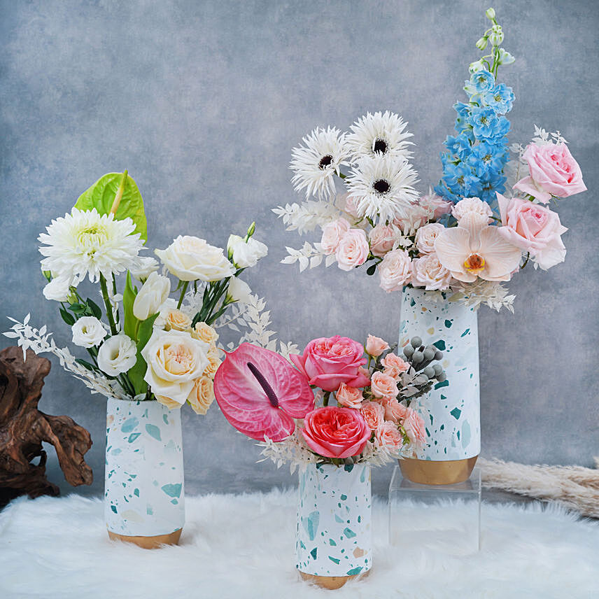 Trio of Flowers Beauty in Premium Vases: Anniversary Flower Bouquets