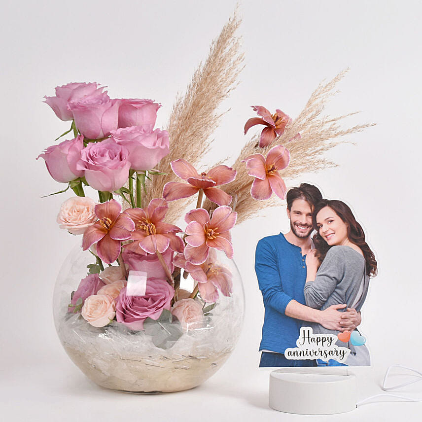 Tulips and Roses with Anniversary LED Photo Lamp: Anniversary Flower Arrangements