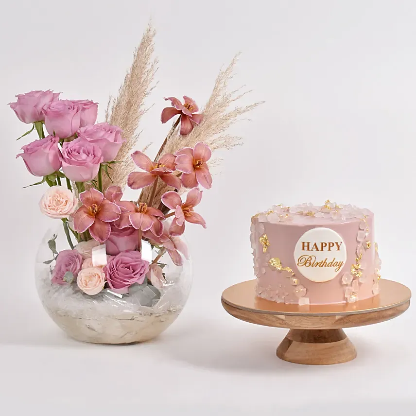 Tulips and Roses with Birthday Cake: Cake and Flower Delivery in Dubai