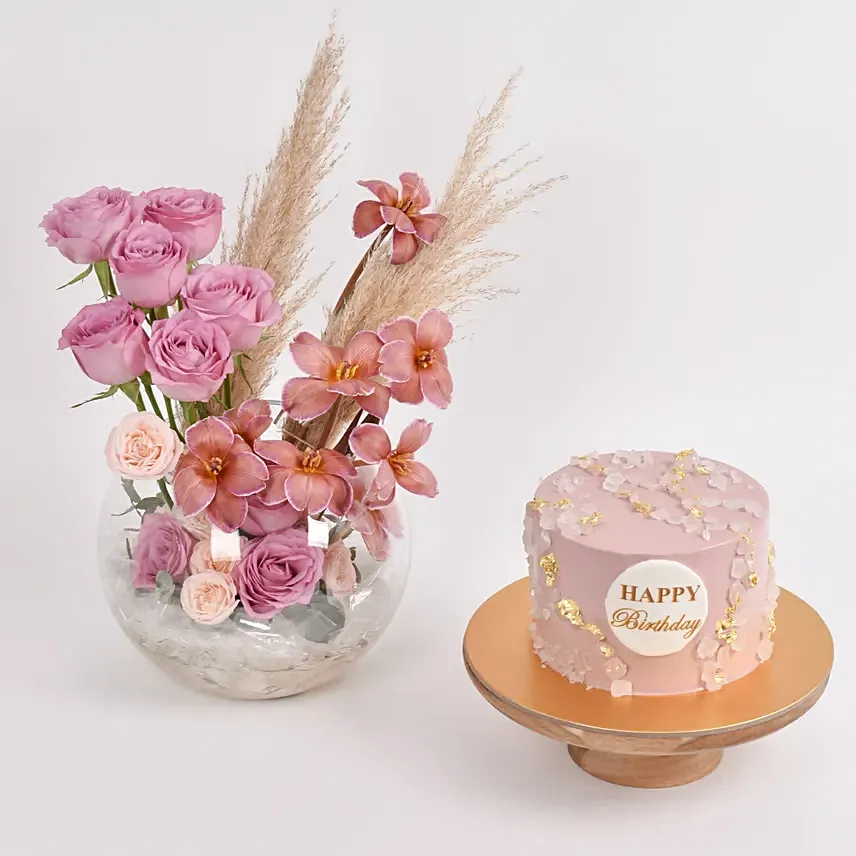 Tulips and Roses with Birthday Cake: Birthday Flowers & Cakes