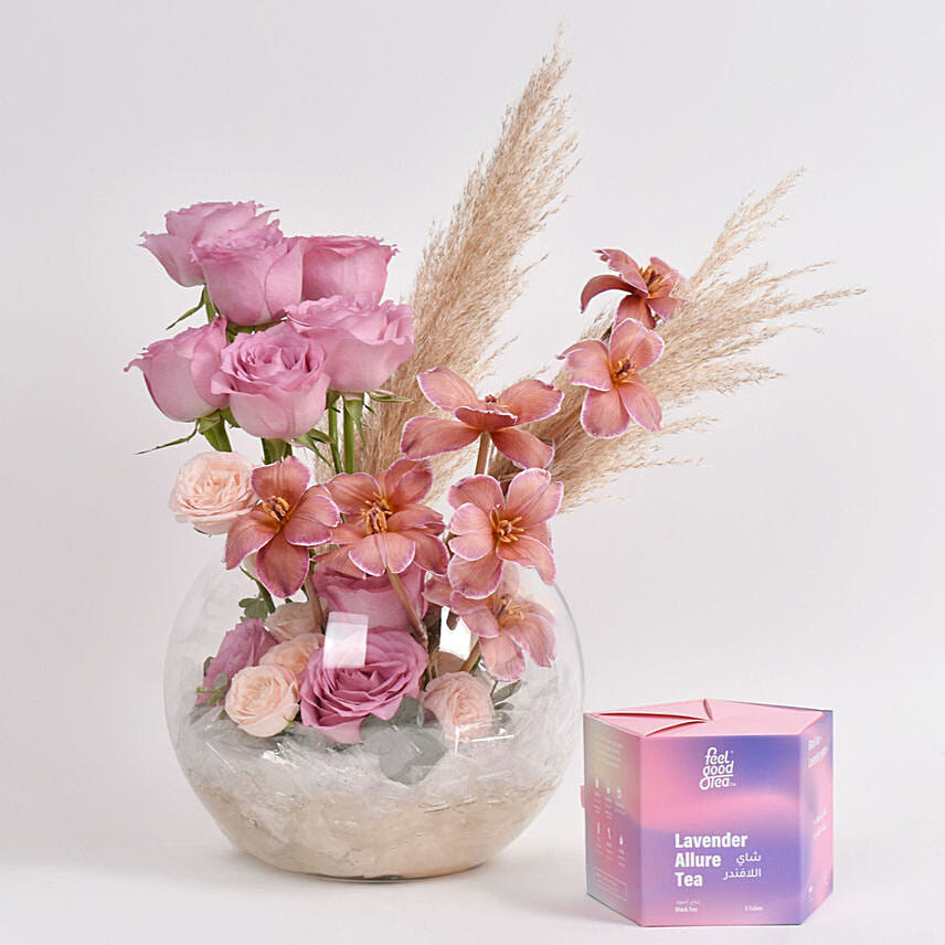 Tulips and Roses with Premium Tea: Purple Roses Bouquet