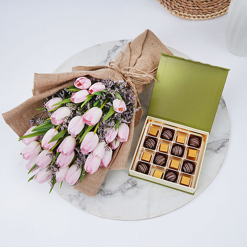 Tulips Bouquet with Mix Chocolates Box: 