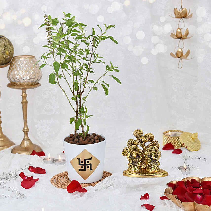 Tulsi Plant and Laxmi Ganesha Idol: 