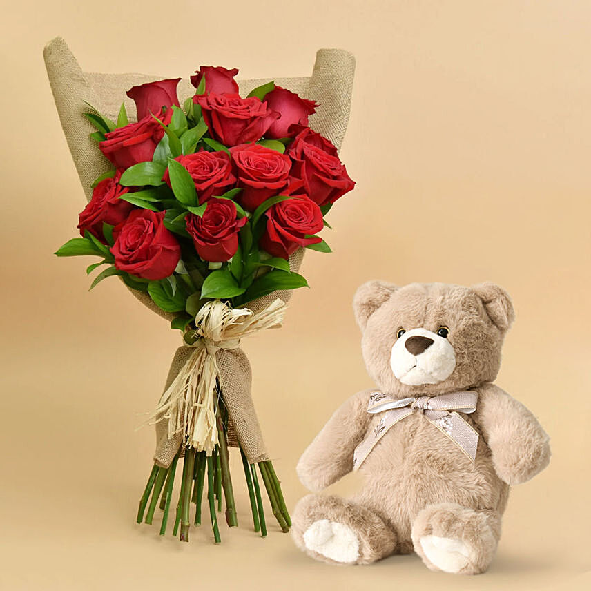 Lovely 12 Roses Bouquet And Teddy: Soft Toys