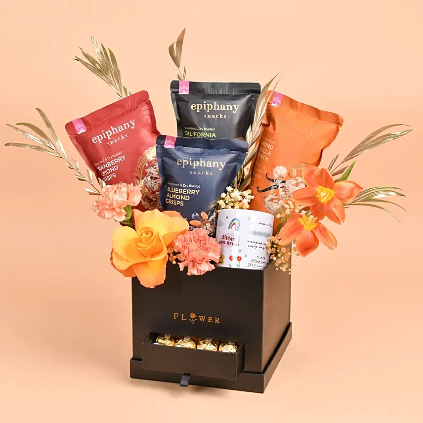 Vegan Snacks and Flower Box For Sister: Gift Hampers