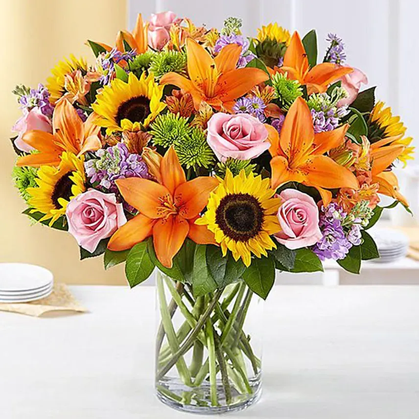 Vibrant Bunch of Flowers In Glass Vase: 