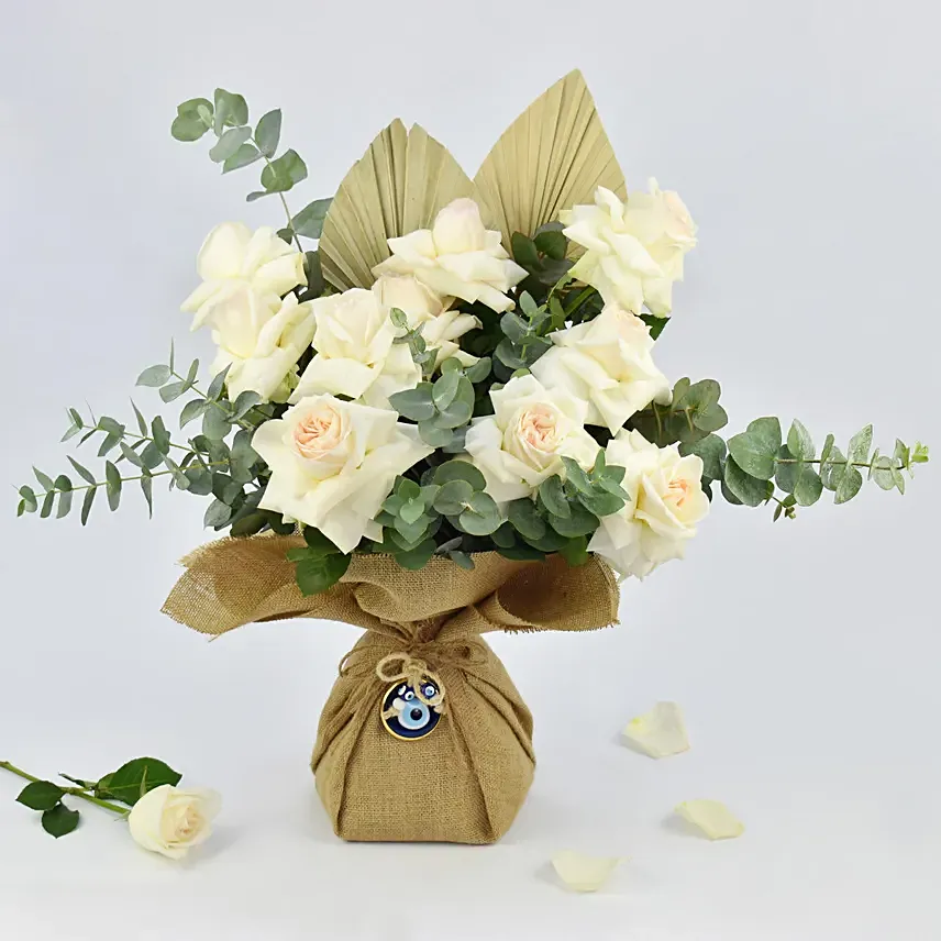 White Roses Bouquet with Evil eye: World Rose Day Gifts