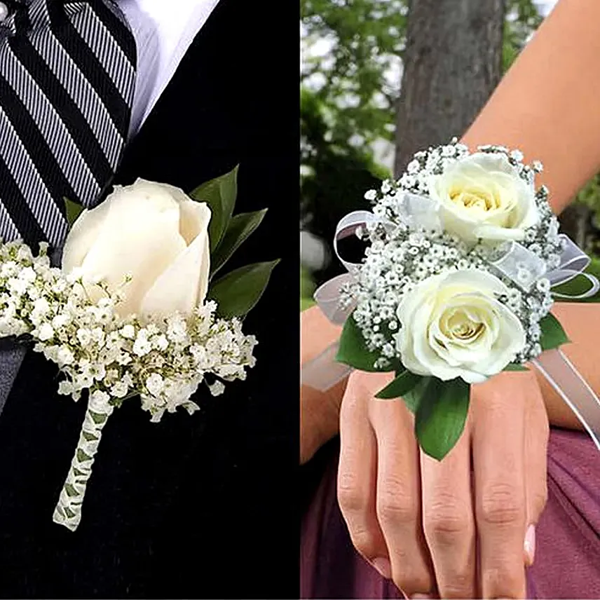 White Roses boutonniere and Corsage: Wedding Flowers 