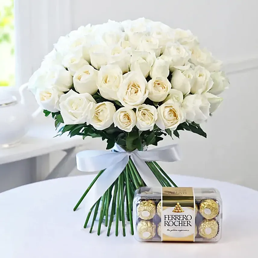 White Roses Bunch and Ferrero Rocher: Anniversary Flowers & Chocolates
