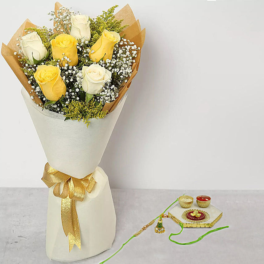 Yellow N White Roses Bouquet With Rakhi: Rakhi With Flowers 