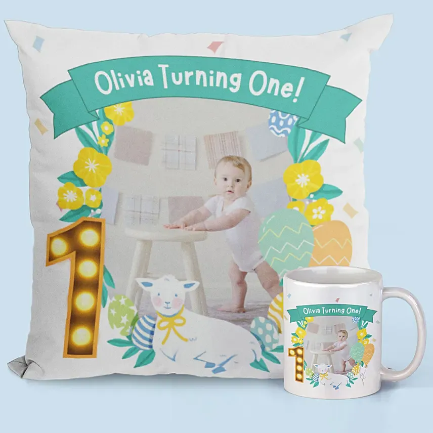 كومبو وسادة وكوب سيراميك لعيد الميلاد الأول مصمم بصورة: Birthday Cushions