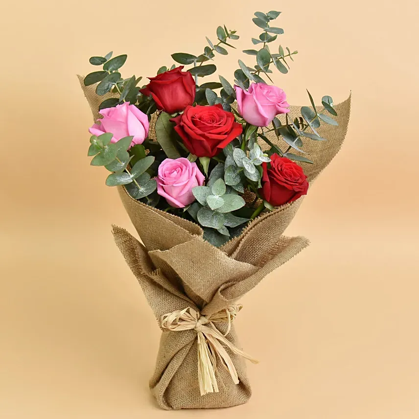 3 Pink 3 Red Rose Beauty Bouquet: Promise Day Flowers 