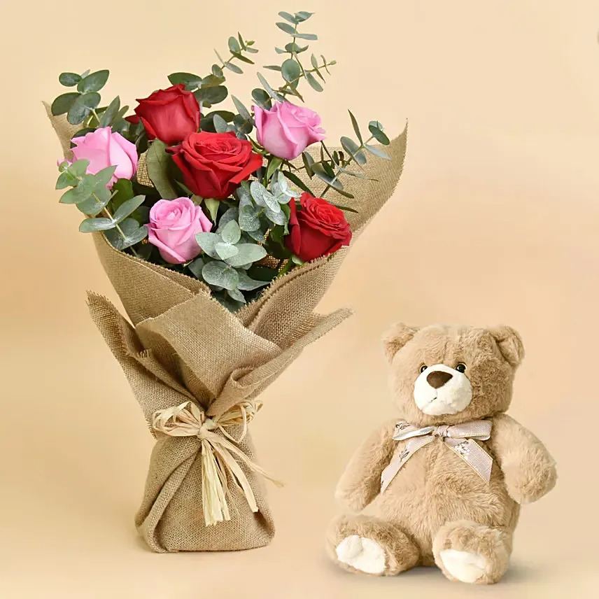 3 Pink 3 Red Roses Bouquet And Teddy: 