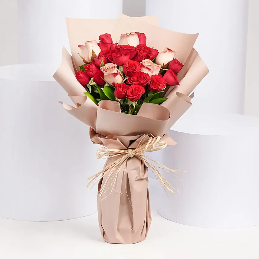 5 Cappaccino and Red Roses Bouquet: 