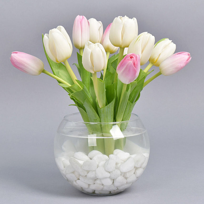 10 Tulips in Fish Bowl: White Flowers Bouquet