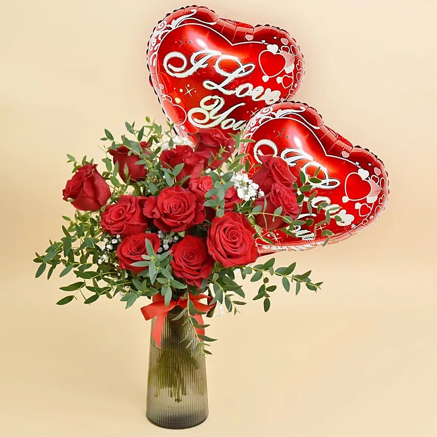 12 Red Roses in Premium Vase And Balloons: Teddy Day Flowers 