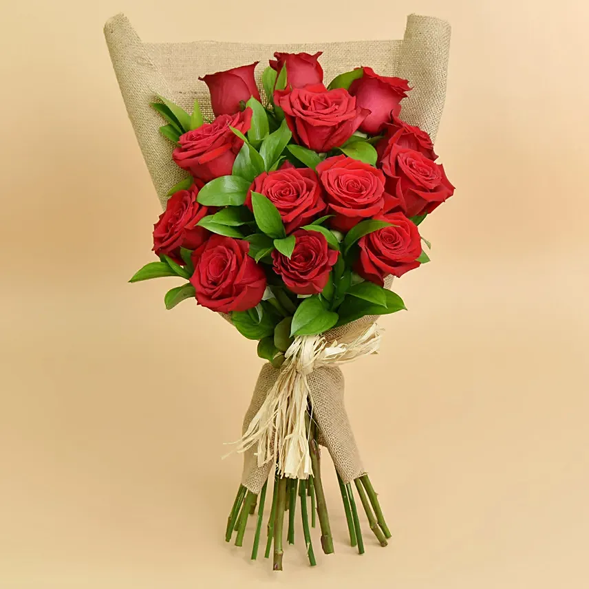 12 Red Roses Love Bouquet: Kiss Day Flowers 