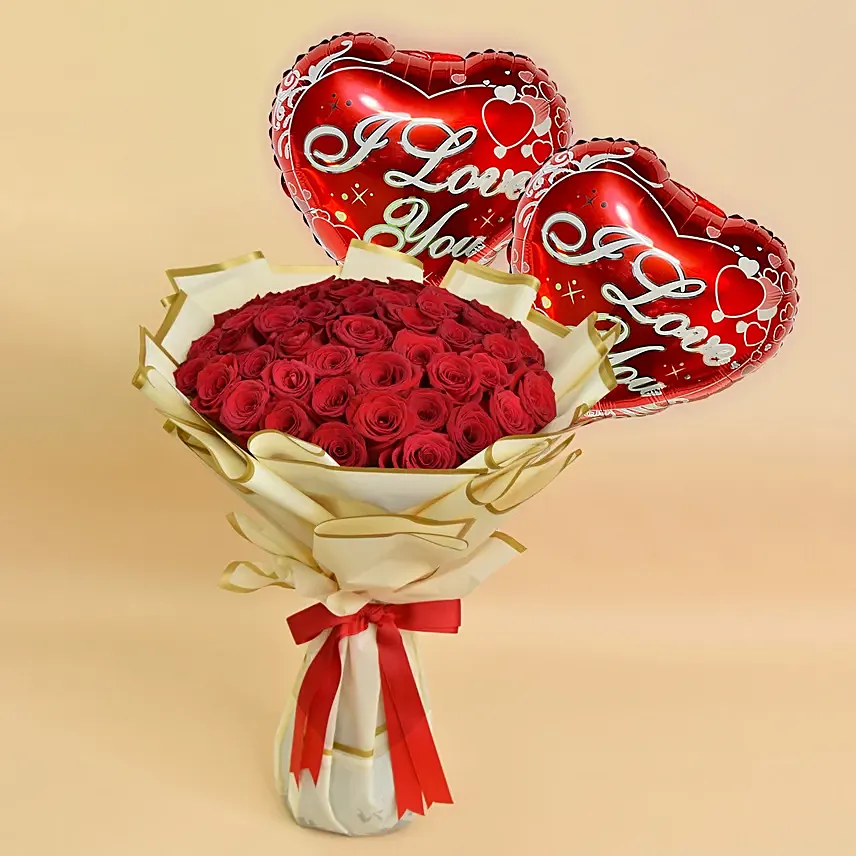 50 Love Roses Bouquet And Balloons: Teddy Day Flowers 