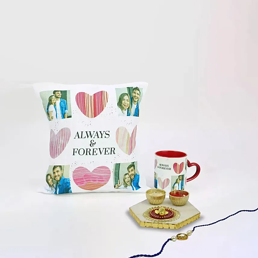Always & Forever Personalised Mug n Cushion With Rakhi: Raksha Bandhan Personalised Gifts
