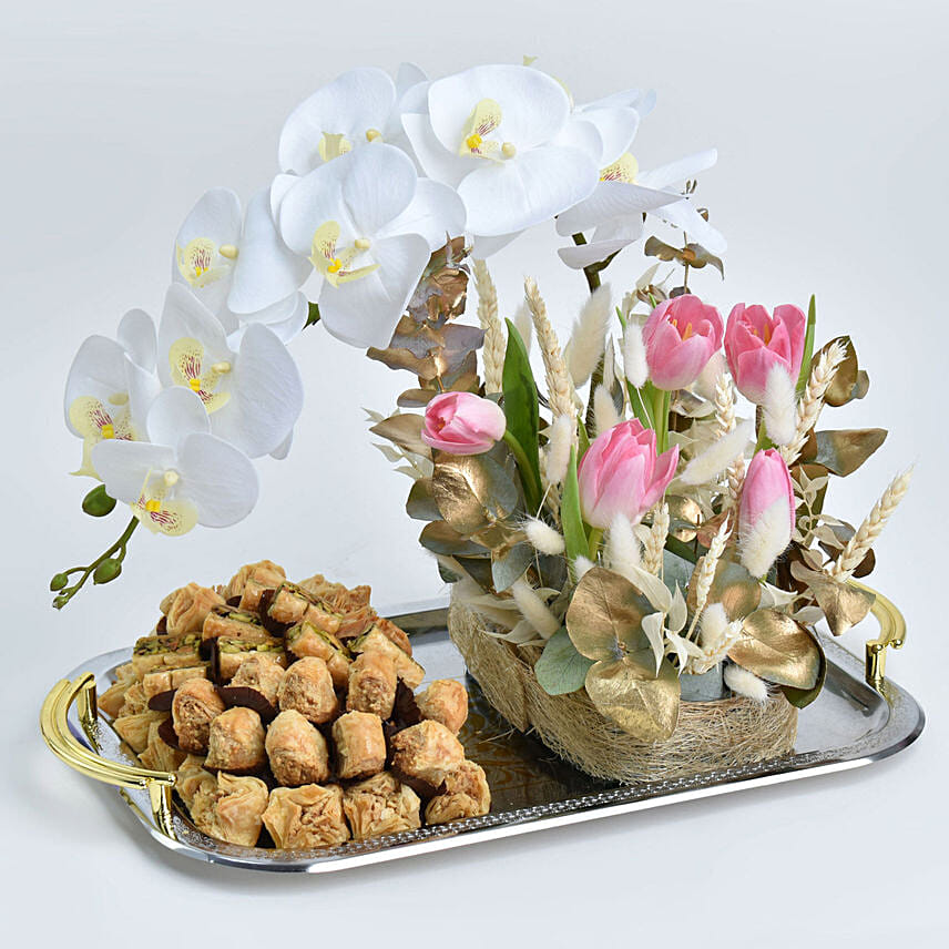 Arabic Sweets and Flowers Tray: Flowers & Sweets