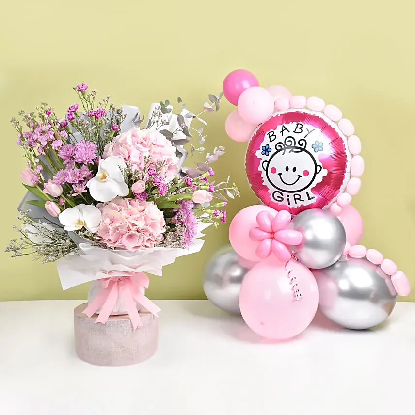 Baby Girl Balloons with Flowers Bouquet: Hydrangeas