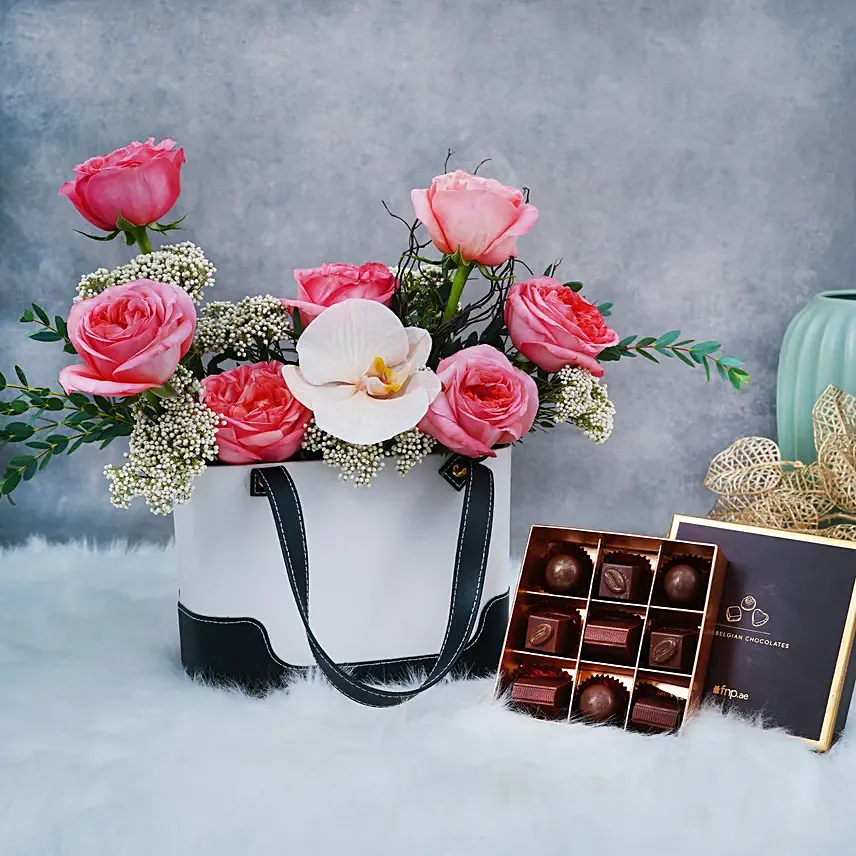 Bag of Roses and Belgian Chocolates: Pink Flowers Delivery
