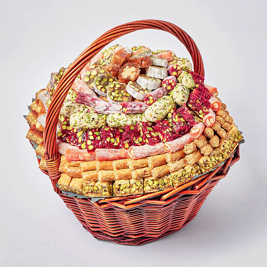 Basket of Mix Baklava and Turkish Delight: Arabic Sweets 