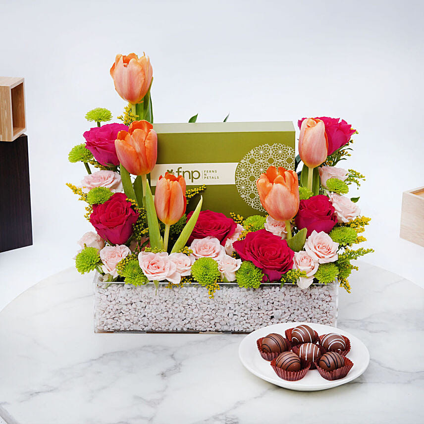 Beautiful Flowers with Chocolate Box: International Women's Day Flowers