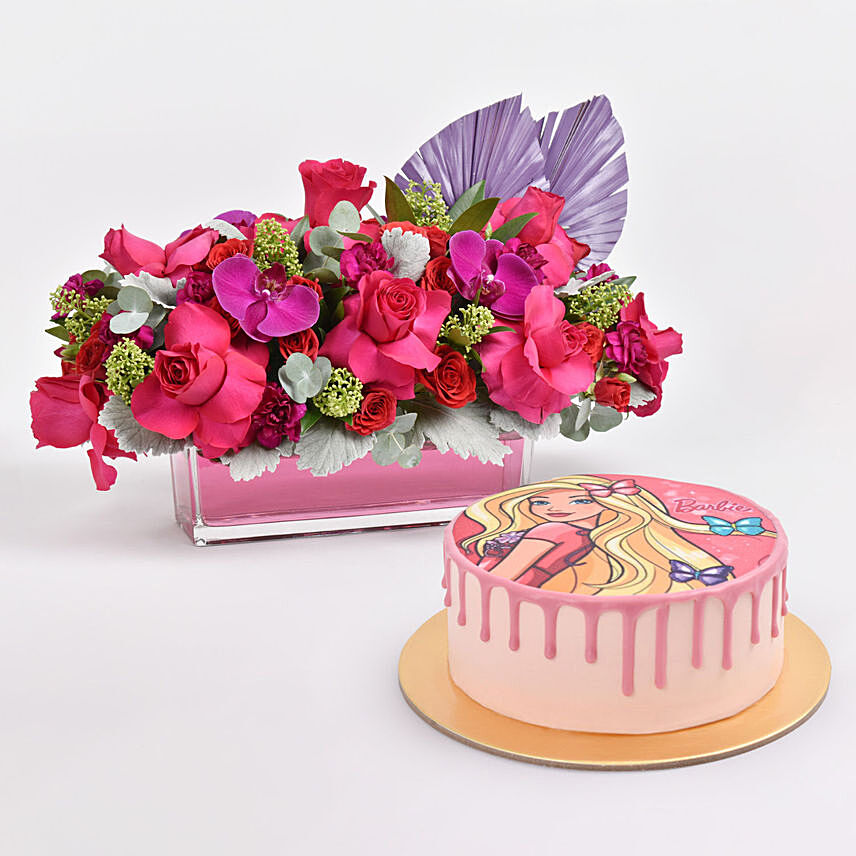 Beauty of Pink Flowers vase With Cake: Barbie Cake
