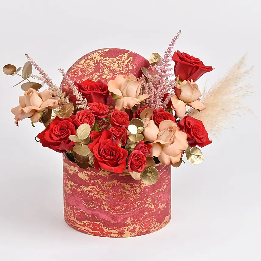 Beauty of Red and Cappuccino Roses: Flower Box Bouquet