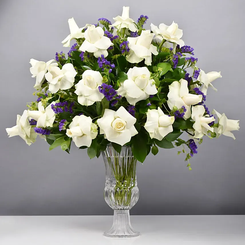 Beauty of White and Blue Flowers Vase: White Roses 