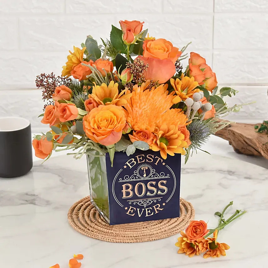 Best Boss Ever Flower Vase: Orange Roses
