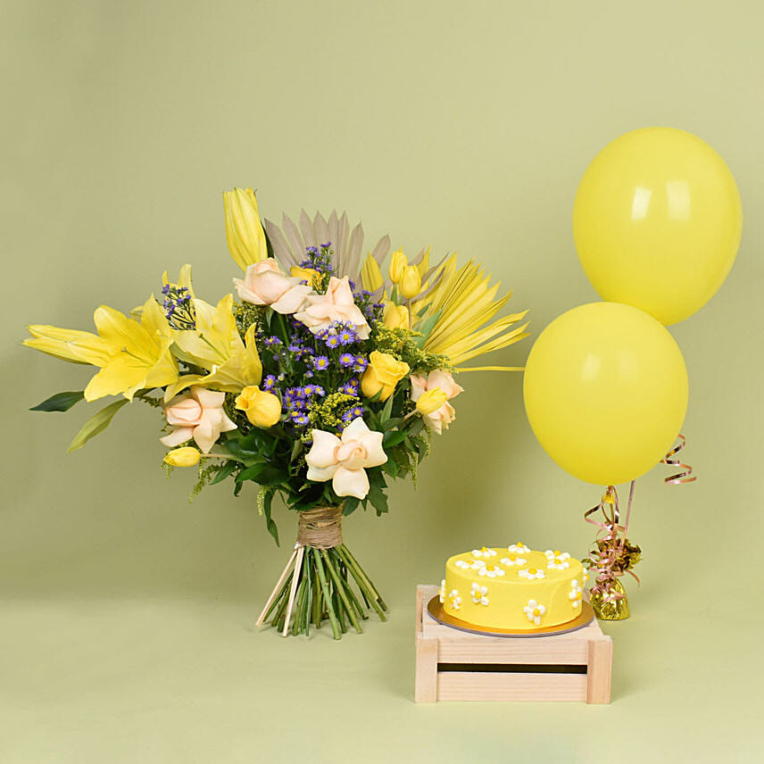 Big Smiles Yellow Combo: Flowers and Balloons