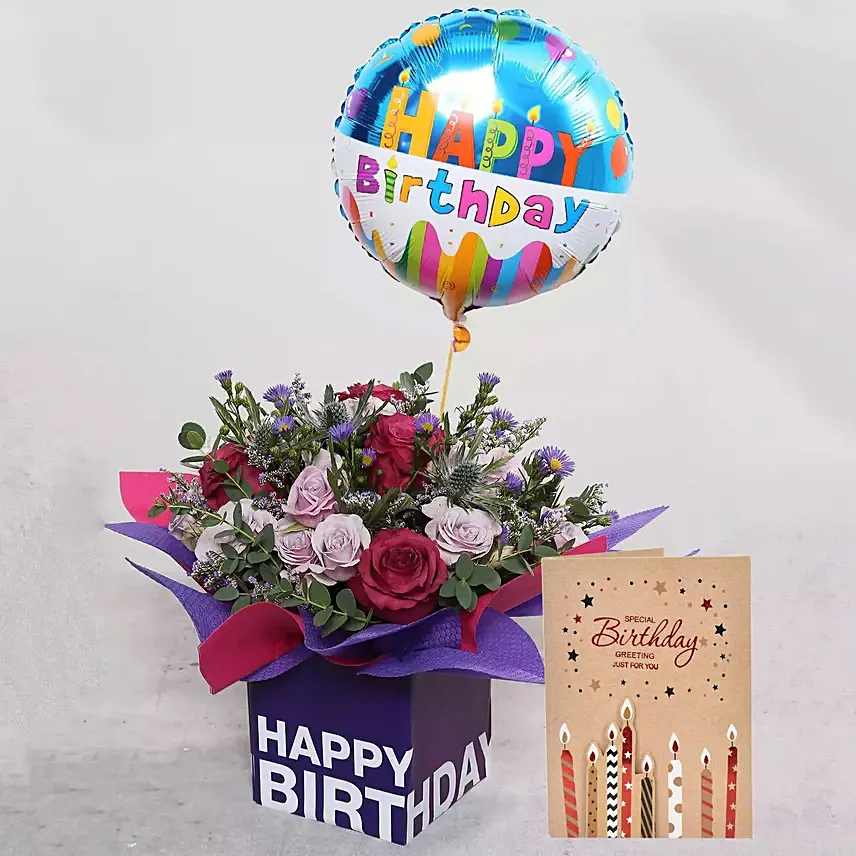 Birthday Balloon Flower and Card Combo: Birthday Flowers & Greeting Cards