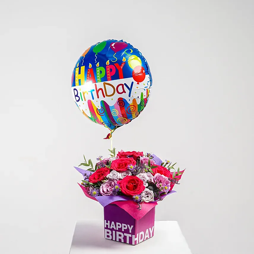 Birthday Flower Arrangement with Balloon: 