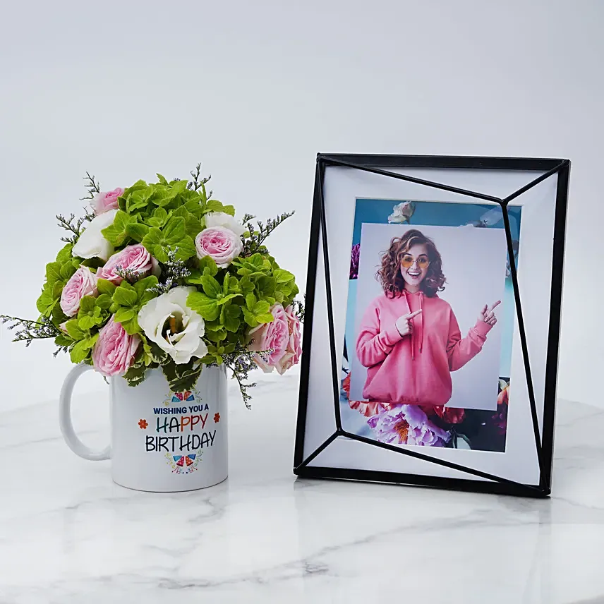 Birthday Flowers in Mug with Photo Frame: 