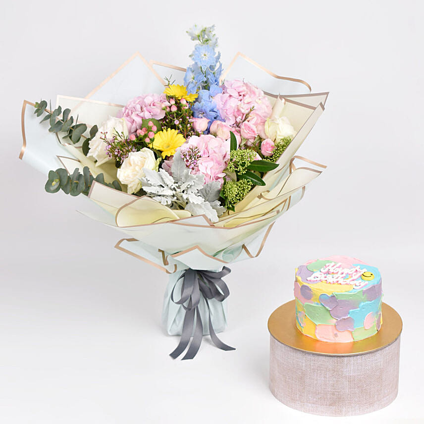 Birthday Happiness Flowers With Cake: Flower Bouquets