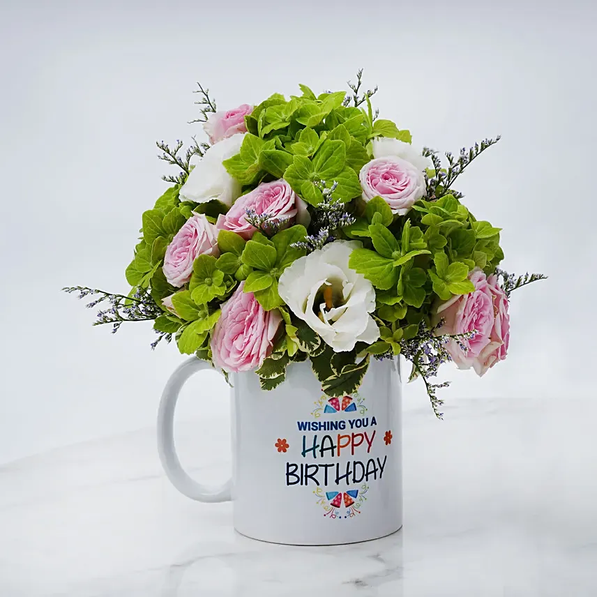 Birthday Wishes Floral Mug Arrangement: White Flowers Bouquet