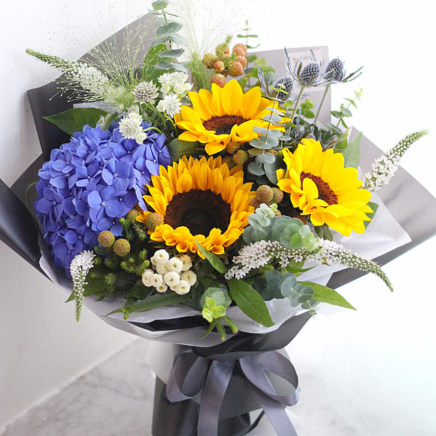 Blooming Mixed Flowers Beautifully Wrapped Bouquet: Hydrangeas