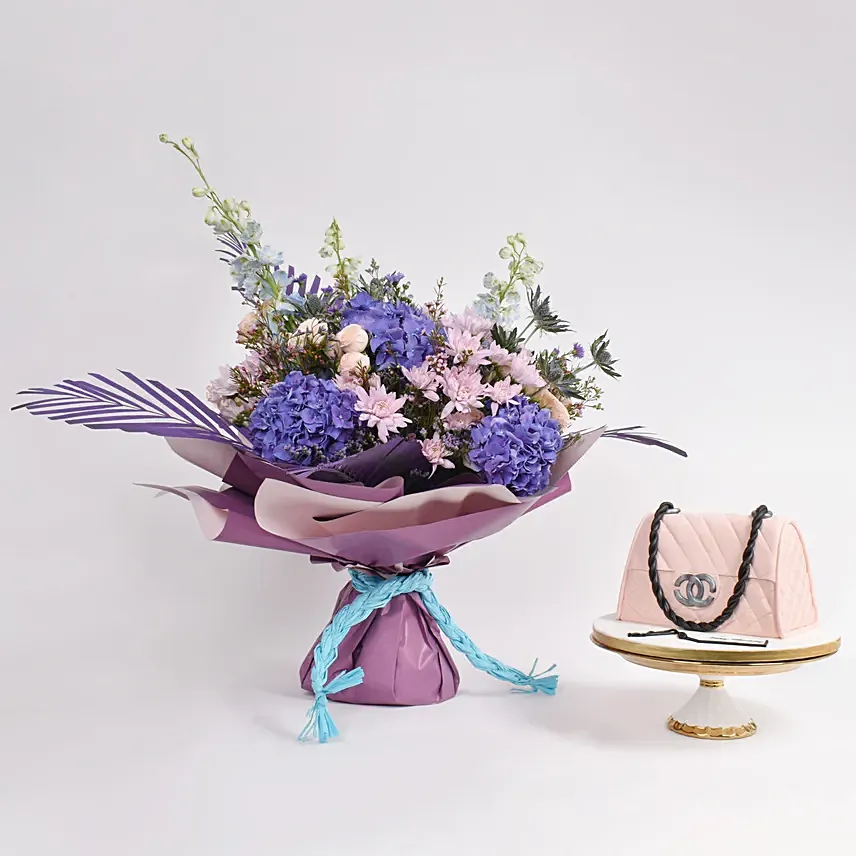 Blue and Pink Flower Bouquet and Cake: Purple Flower Bouquets