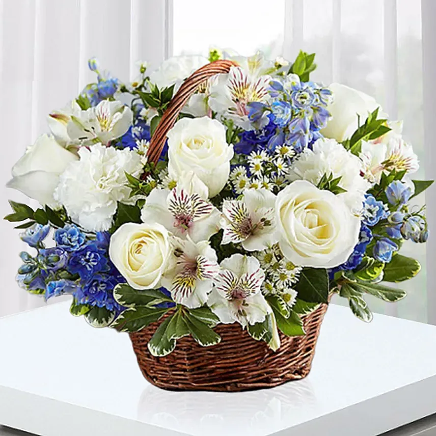 Blue and White Blooms Basket: Carnation Flowers