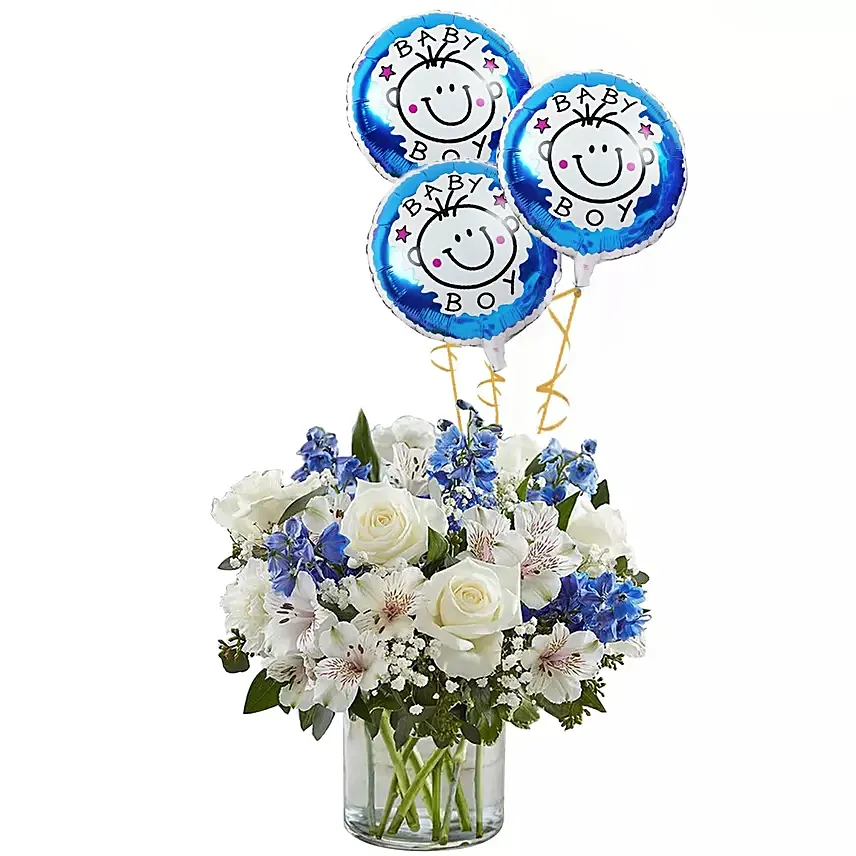 Blue and White Flower Arrangement With Balloons: 