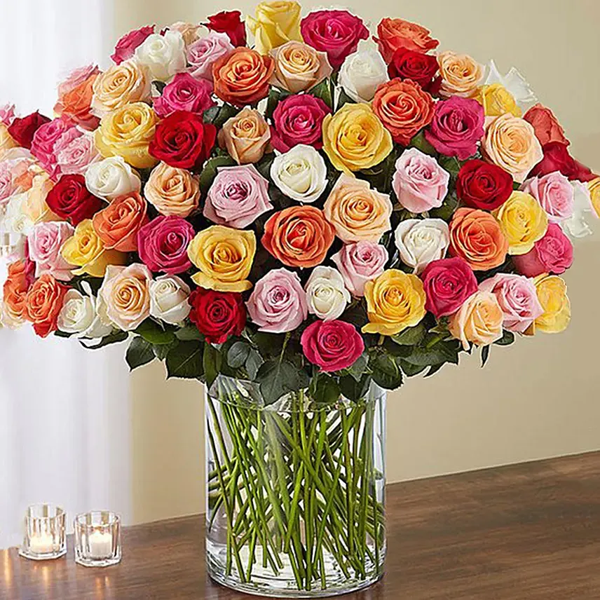 Bunch of 100 Mixed Roses In Glass Vase: Anniversary Flowers to Abu Dhabi