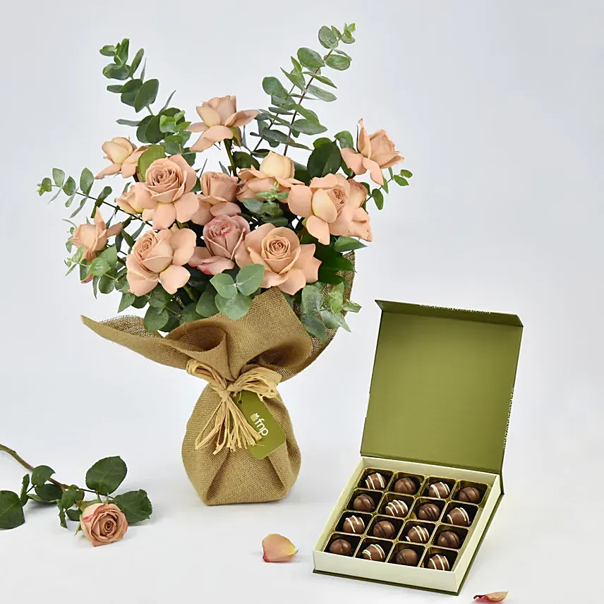 Cappuccino Roses Bouquet and Premium Chocolate Box: Flower Delivery Al Ain