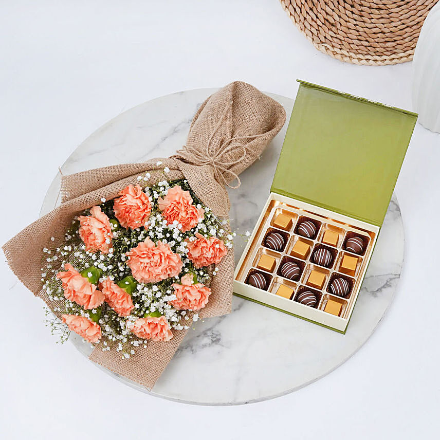 Carnations Bouquet with Mix Chocolates Box: Flowers and Cake 