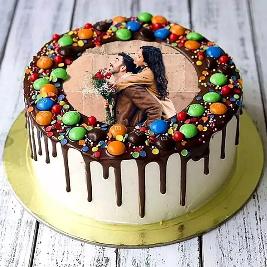 Chocolate Drip MNM Photo Cake For Anniversary: 
