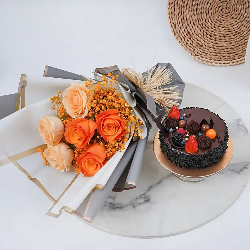 Chocolate Fudge cake and Roses Bundle: Happy Women's Day Flowers